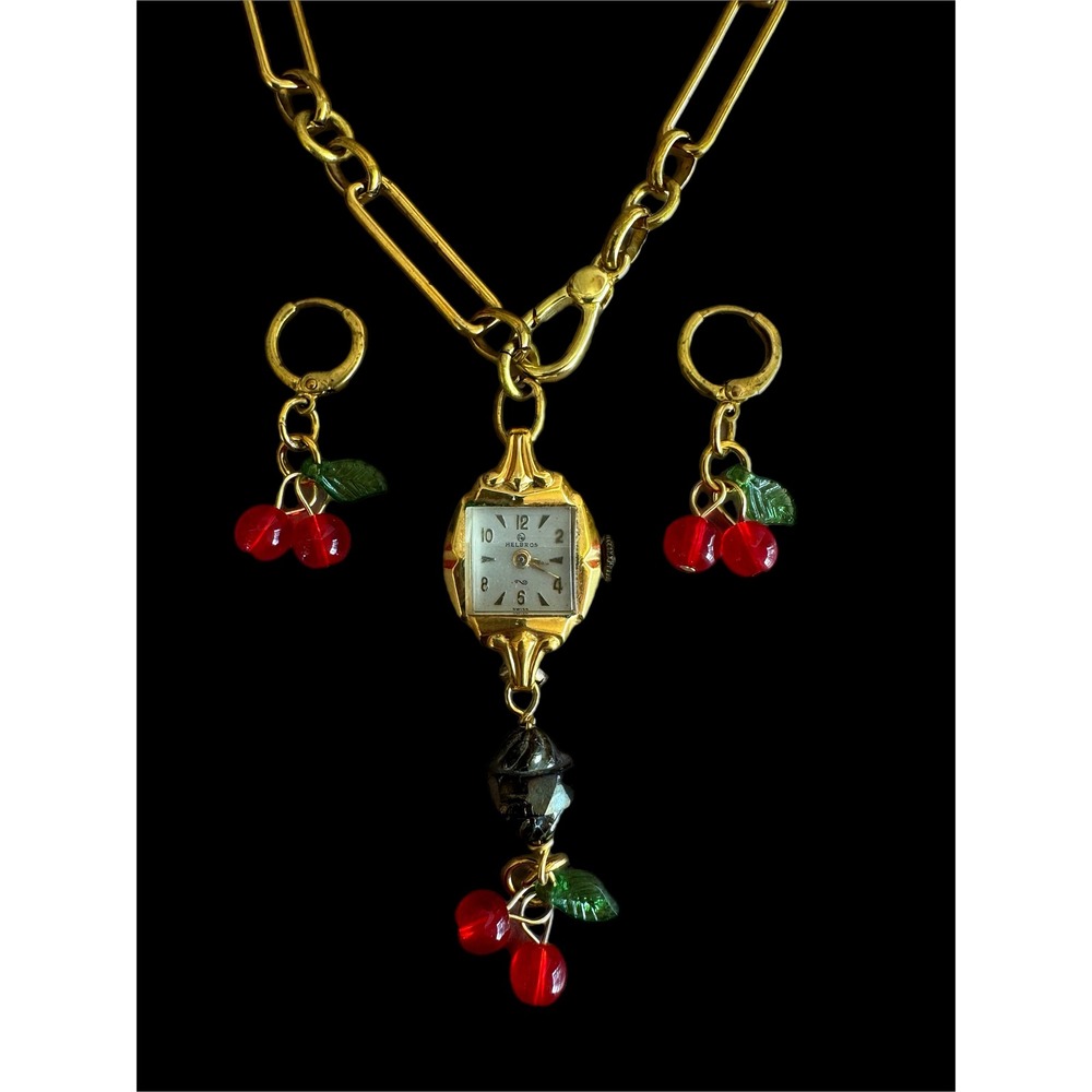 Victorian Raw Brass Necklace‎ w/ Vintage Watch & Cherry Earrings Set - Picture 4 of 7